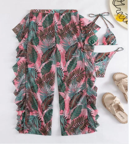 Sexy Tropical Leaf Printing Womens Bikini & Beachwear Cover Up Pants 3pcs Sets Swimwear Wholesale Vendors