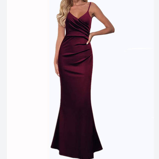 Solid Color Slim Suspenders Fishtail Evening Dress Wholesale Dresses