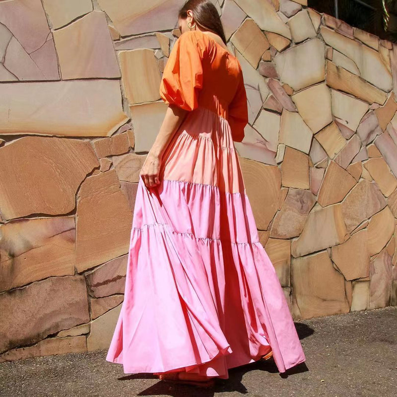 Color-Block Stitching V-Neck Sweet Layered Puff Sleeve V-Neck Dress Wholesale Dresses
