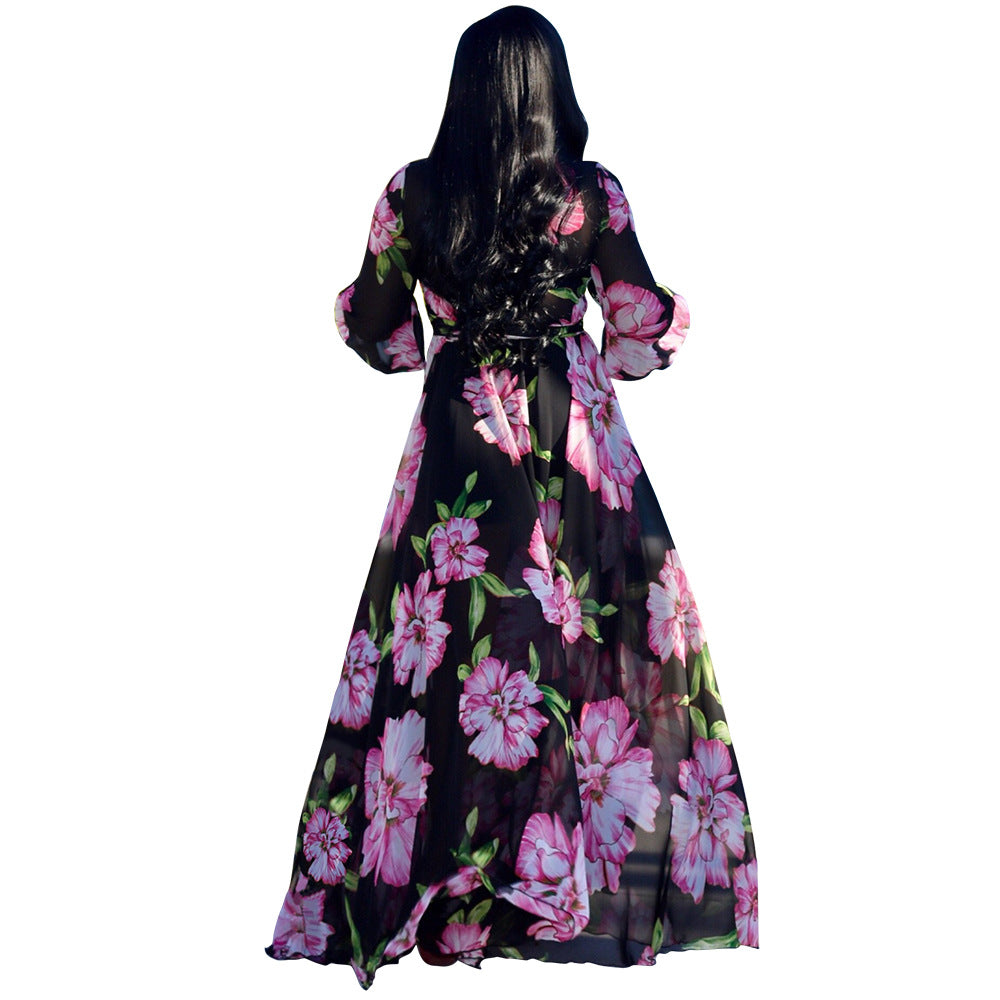 Floral Printed V Neck Chiffon Lantern Sleeve Lace-Up Swing Dress Vacation Casual Wholesale Maxi Dresses SD55498