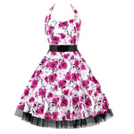 Retro Print Halterneck Mesh Dress Slim High Waist A-Line Swing Wholesale Dresses