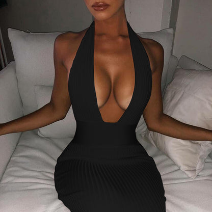 Sexy Halter Neck Deep V-Neck Dress Solid Color Backless Bodycon Wholesale Dresses