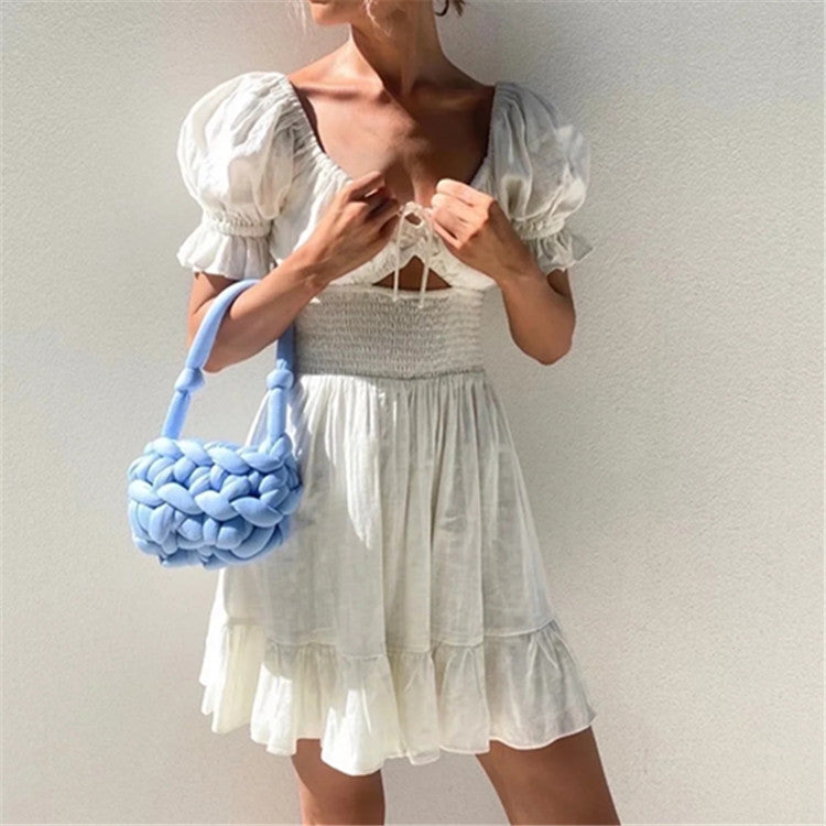 White Puff Sleeve Plunge Neck Waist A-Line Hollow Cotton & Linen Ruffled Dress Resort Wholesale Dresses