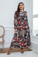 Fashion Crew Neck Print Midi Swing Dress Long Sleeve Elastic Waist Loose Dresses Wholesale Plus Size Clothing