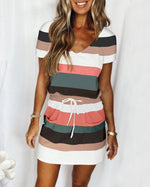 Striped V-Neck Drawstring Short Sleeve Casual Dresses Summer T Shirt Dress Wholesale