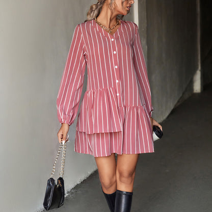 Striped Long Sleeve Irregular Ruffled Dress Wholesale Dresses