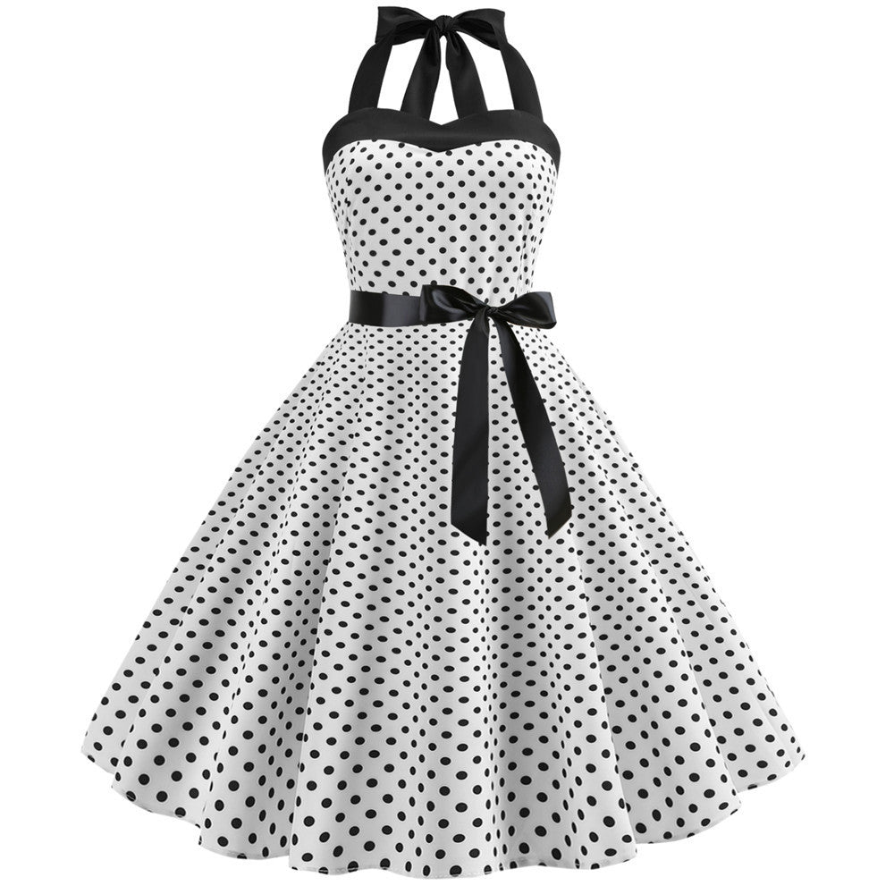 Polka-Dot Retro Halter Floral Midi Dress Wholesale For Valentine'S Day