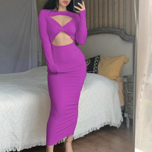 Sexy Cutout Long-Sleeved Solid Color Midi Dress Wholesale Dresses