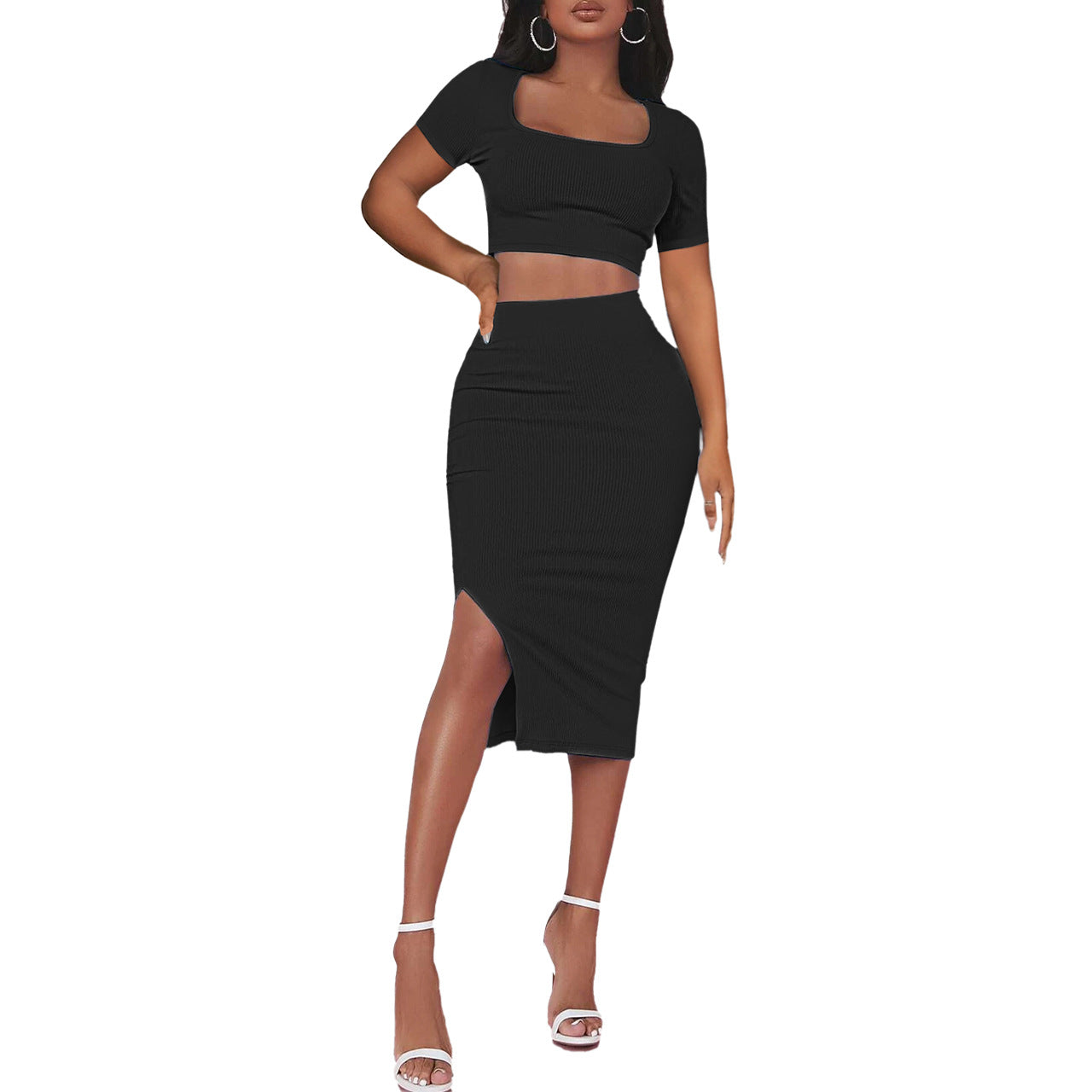 Short Sleeve Crop Tops & Slim Fit Slit Skirts Sexy Suits Wholesale Women'S 2 Piece Sets