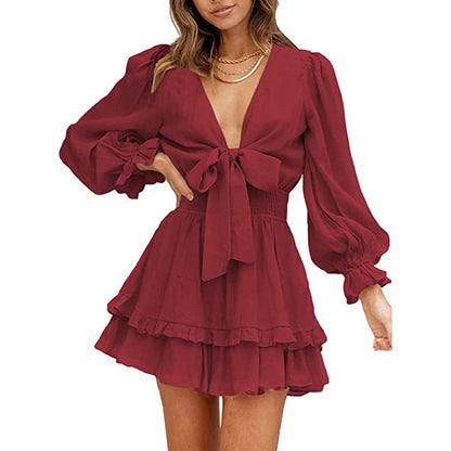 Solid Color V-Neck Tieback Bowknot Long Lantern Sleeve Ruffle Dress Casual Wholesale Dresses