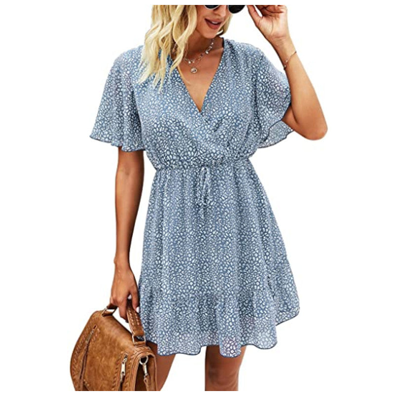 Dot Print Short Sleeve Ruffles V Neck Lace-Up Chiffon Short Flowy Swing Dress Casual Wholesale Dresses