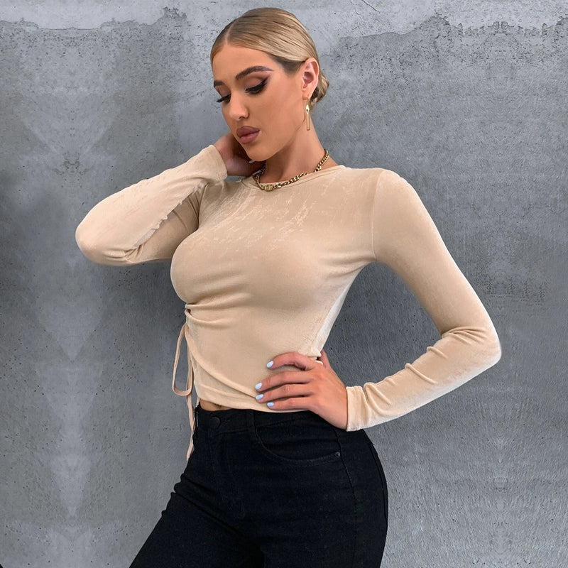Round Neck Bodycon Wholesale Crop Tops Long-Sleeved Women Knitted Tops
