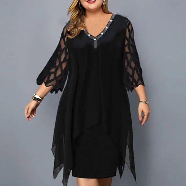 V-Neck Solid Color Half Sleeve Irregular Curvy Dresses Wholesale Plus Size Clothing