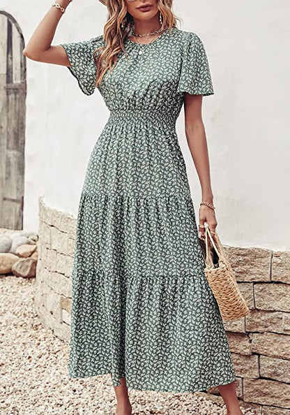 Casual Print Flared Dress Crew Neck Elastic Waist Short Sleeve Midi Wholesale Dresses