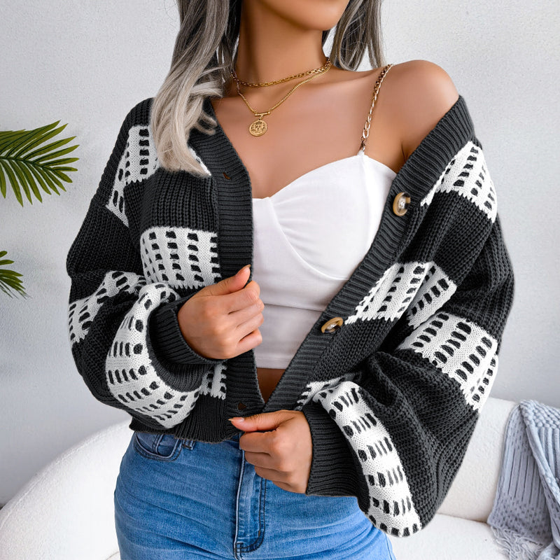 Fashion Clashing Stripes Single-Breasted Lantern Long Sleeve Cardigan Wholesale Sweater Coat
