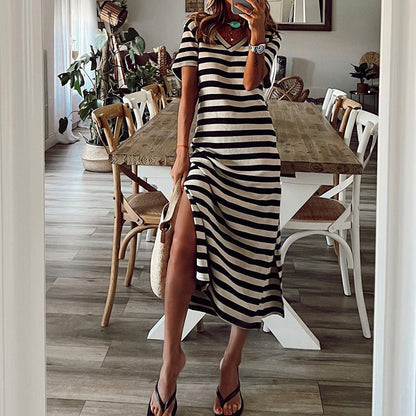 Fashion Short-Sleeve Striped Long Casual T-Shirt Dress Wholesale Dresses