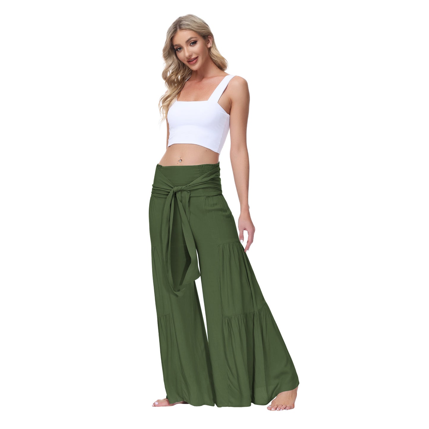 Solid Color Tie Waisted Wide Leg Palazzo Wholesale Pants