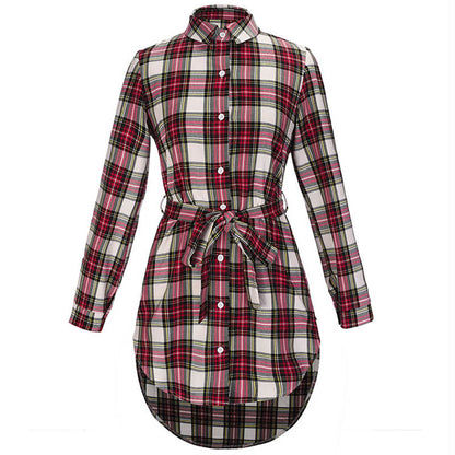 New Women Autumn And Winter Long-sleeved Plaid Strippy Waist Shirt Cardigan