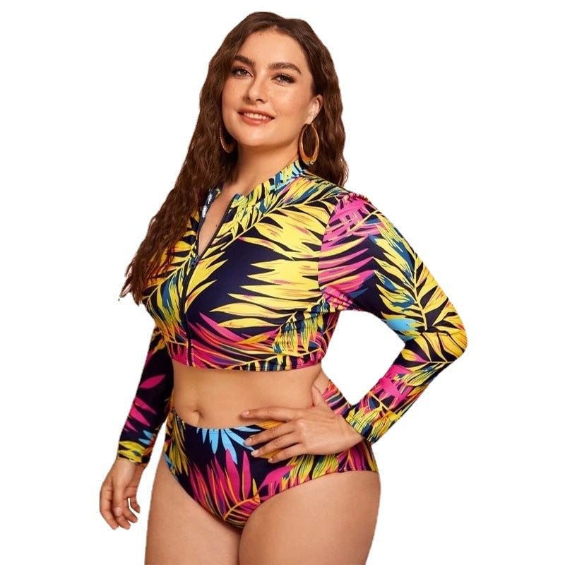 Printed 2 Piece Sets Curve Swimsuits Long Sleeve Zip Design Plus Size Swimwear Wholesale Vendors