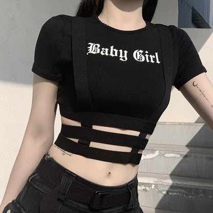 Letter Printed Gothic Punk Dark Style Wholesale Crop Top Tieback Design