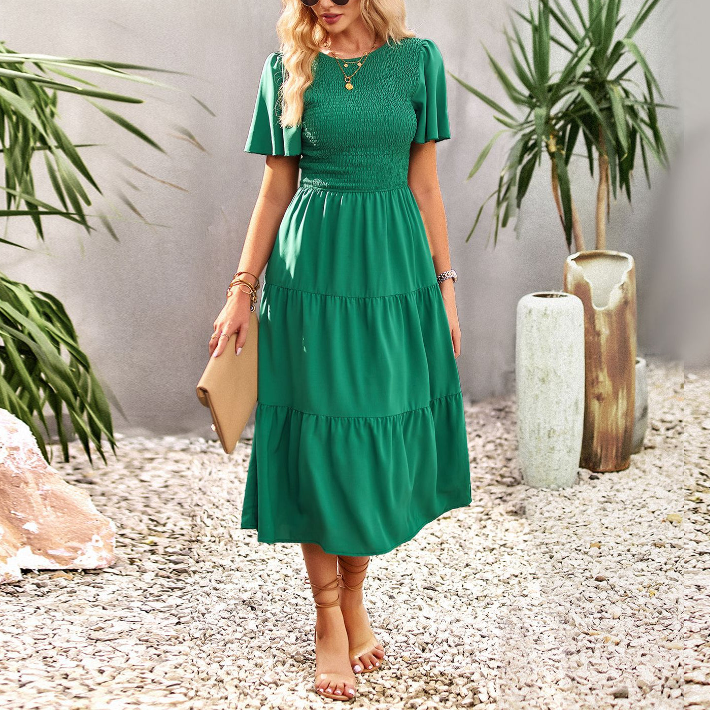 Solid Color Puff Sleeve Round Neck Smocked Dress Wholesale Dresses