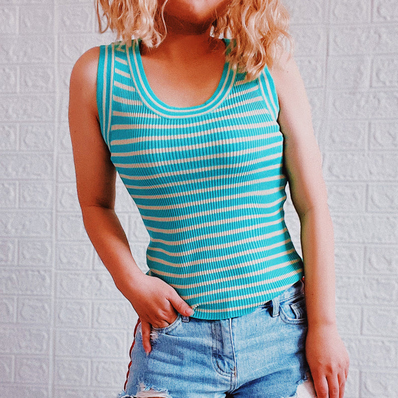 Casual Striped Sleeveless Knit Tops Slim Round Neck Summer Tank Tops Wholesale