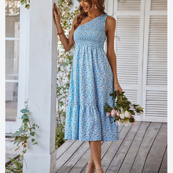 Floral Print Fashion Slanted Shoulder Mid-Length Ruffled Dress Vacation Wholesale Dresses