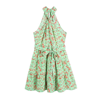 Sleeveless Floral Print Halterneck Tie Waist Wholesale Swing Dresses For Women