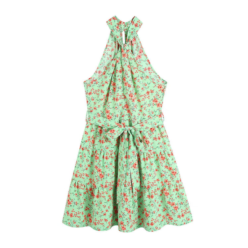 Sleeveless Floral Print Halterneck Tie Waist Wholesale Swing Dresses For Women
