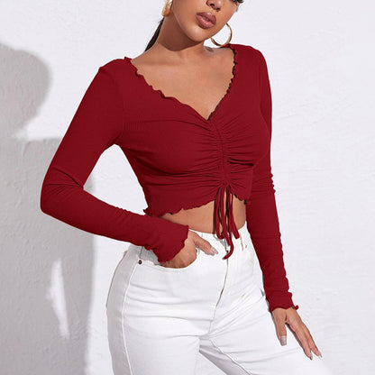 Sexy V-Neck Drawstring Pleats Top Solid Color Long Sleeve Slim Wholesale Crop Tops