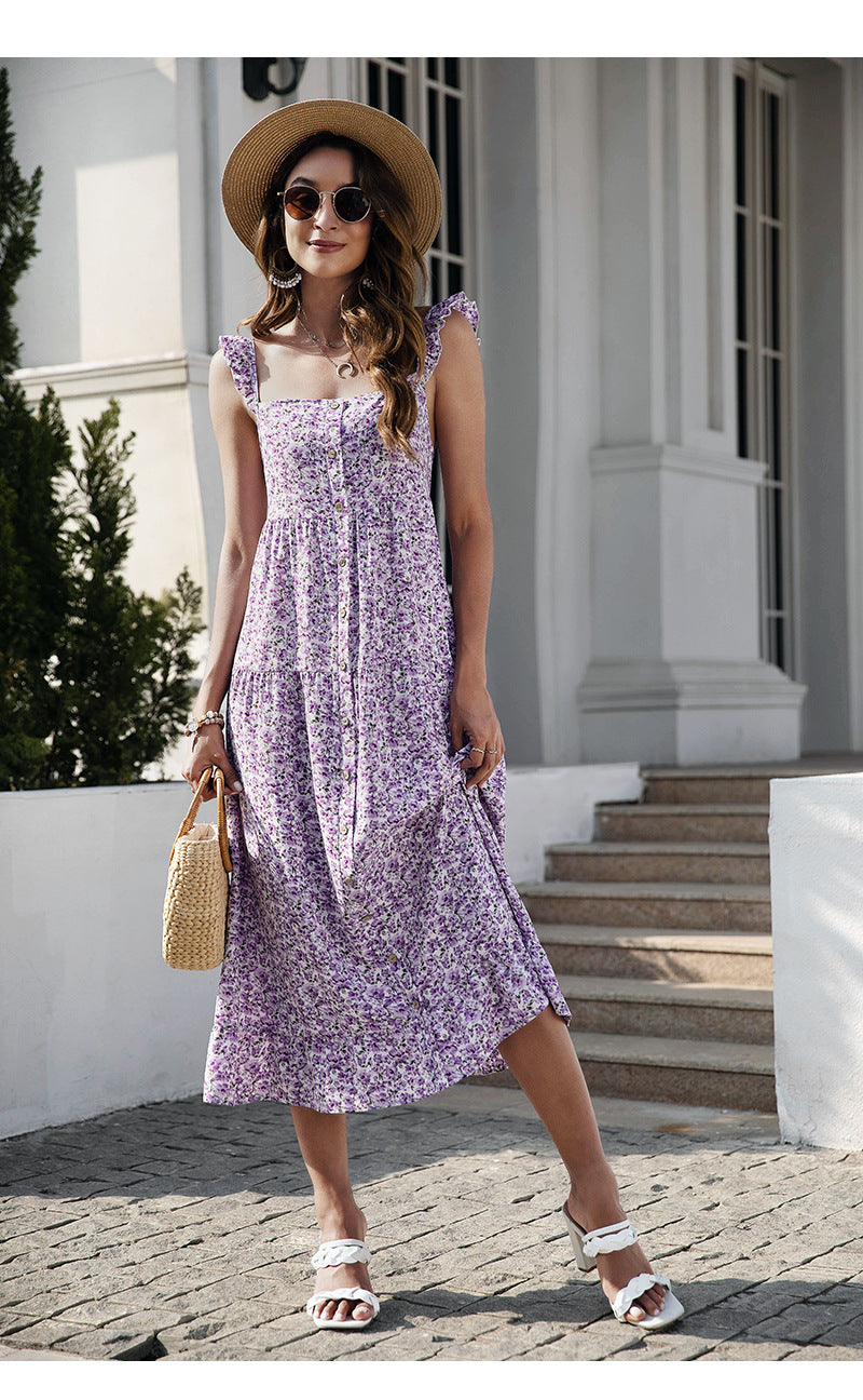 Elegant Slip Floral Dress Single-Breasted Ruffled Backless Wholesale Dresses