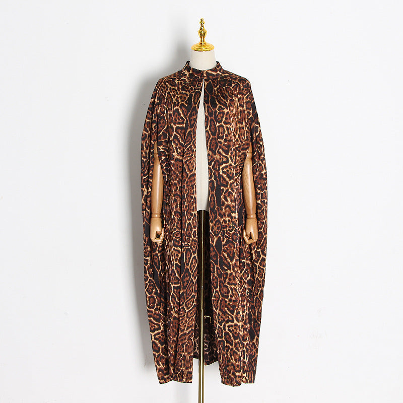 Leopard Print Women'S Maxi Shawl Robe Fashion High Collar Outerwear Wholesale Coats