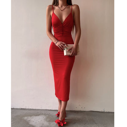 Sexy Deep V Suspender Dress Backless Pleated High Waist Back Slit Solid Color Bodycon Wholesale Dresses