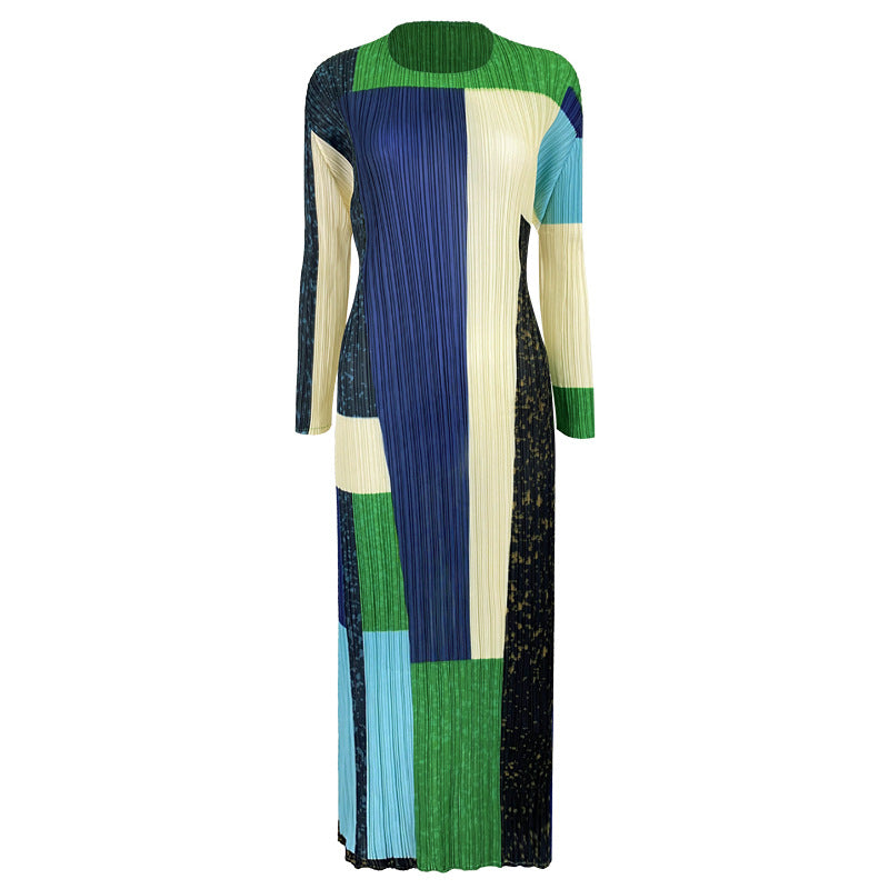 Geometric Patchwork Full Sleeve Elastic O-Neck Midi Dress