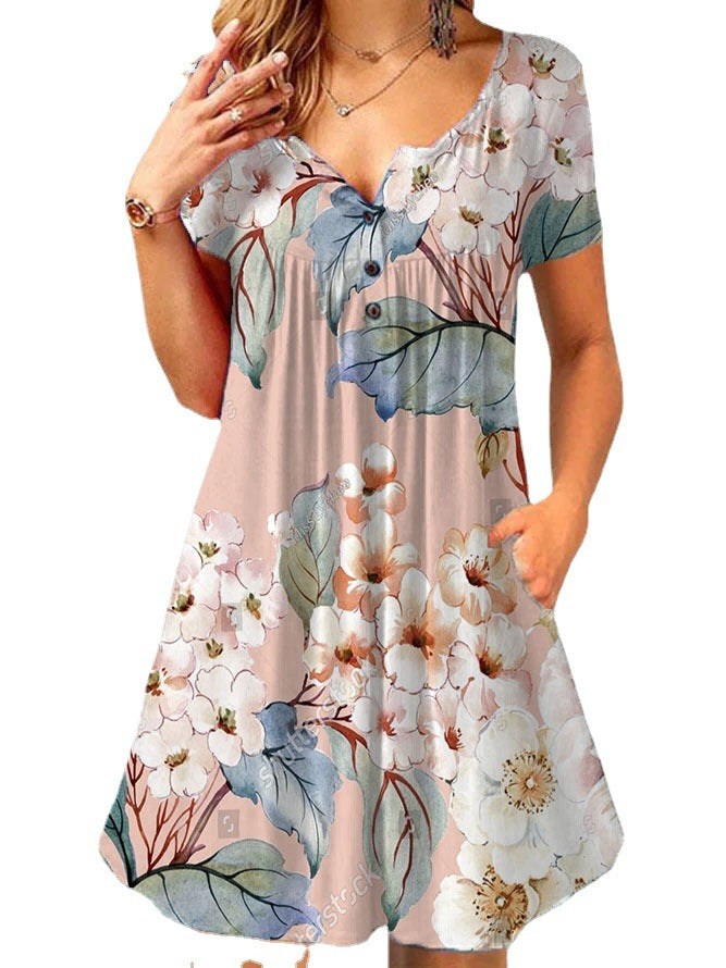 V Neck Floral Print Button Wholesale Swing Dresses With Pockets For Women