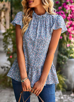 Floral Print Ruffled Stand Collar Shirt Short Sleeve Tunic Top Wholesale Womens Tops STN538029