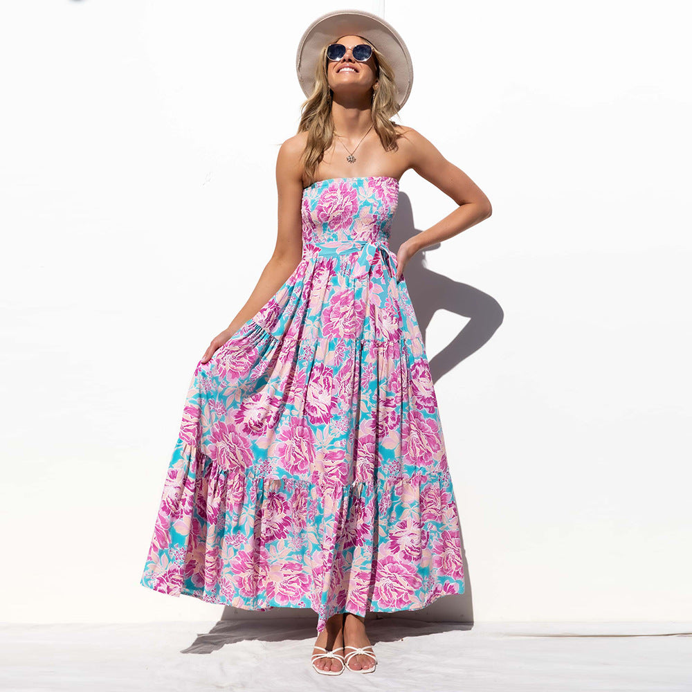 Floral Print Off Shoulder Tie Waist Wholesale Maxi Dresses Summer