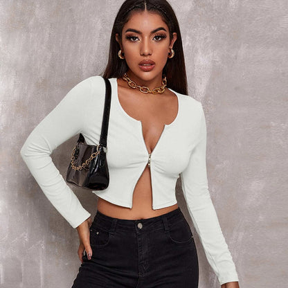 Regular Zipper Knitting O-neck Crop Top