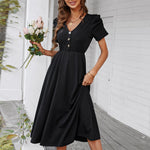 Casual V Neck Midi Dress Short Sleeve Slim Solid Color Swing Wholesale Dresses