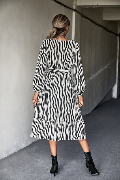 Irregular Stripe Print Tie-Up Long Sleeve A-Line Dress Wholesale Dresses