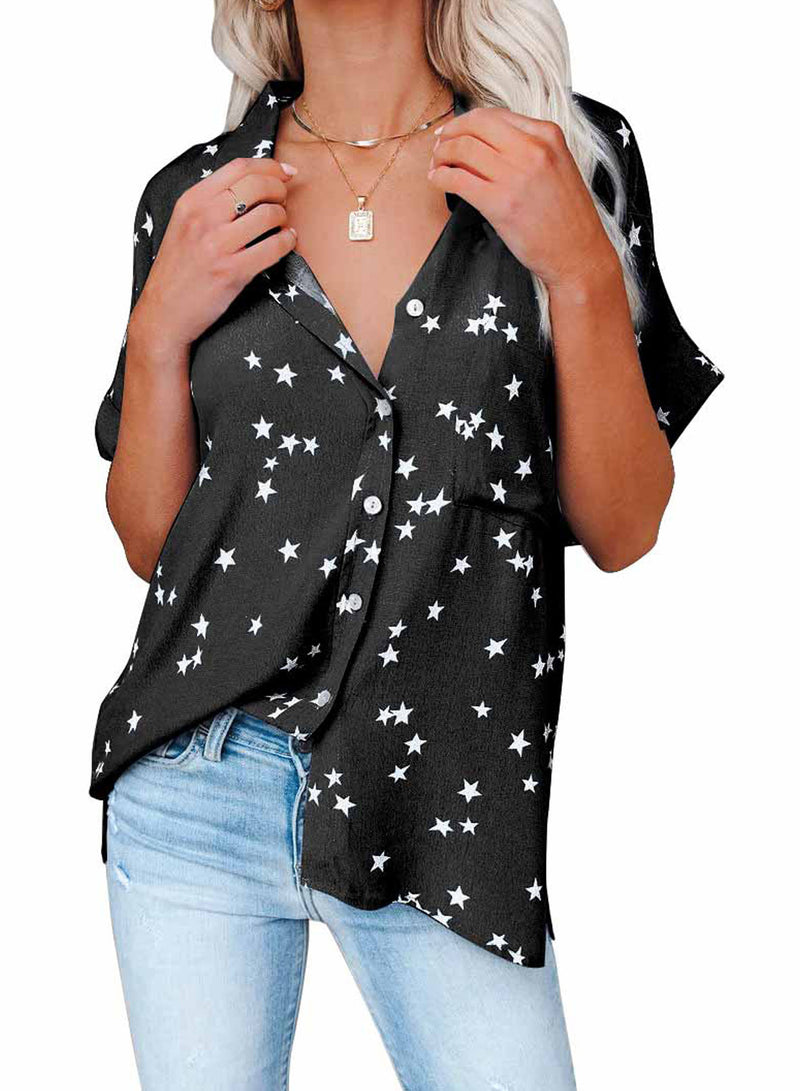 Star Print Bat Sleeve Lapel Collar V Neck Button Down Wholesale Shirts Blouses For Women Summer