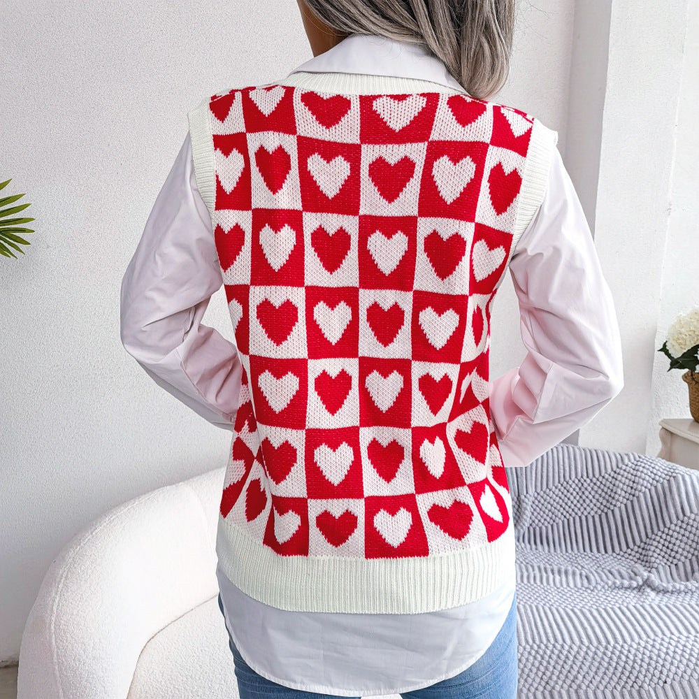 Love Pattern V Neck Sleeveless Knitted Sweater Vest Wholesale Women Clothing