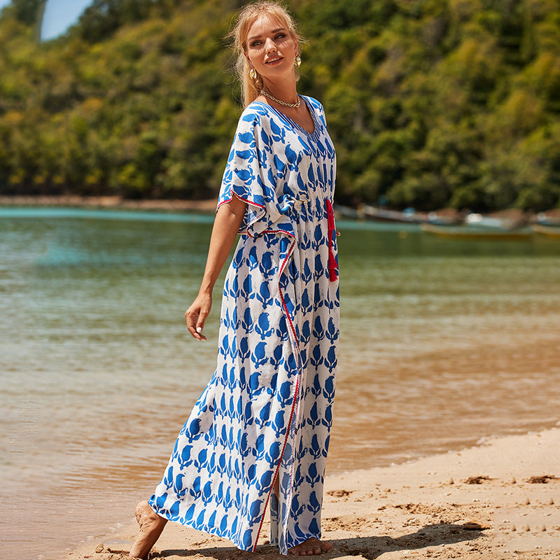 Fashion Print Short Sleeve Loose Drawstring Bikini Cover Up Resort Wholesale Beachwear