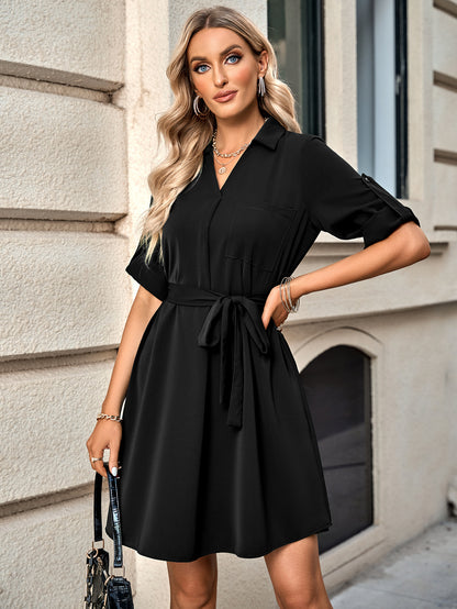 Solid Color Half Sleeve Tie-Up Casual Dress Wholesale Dresses