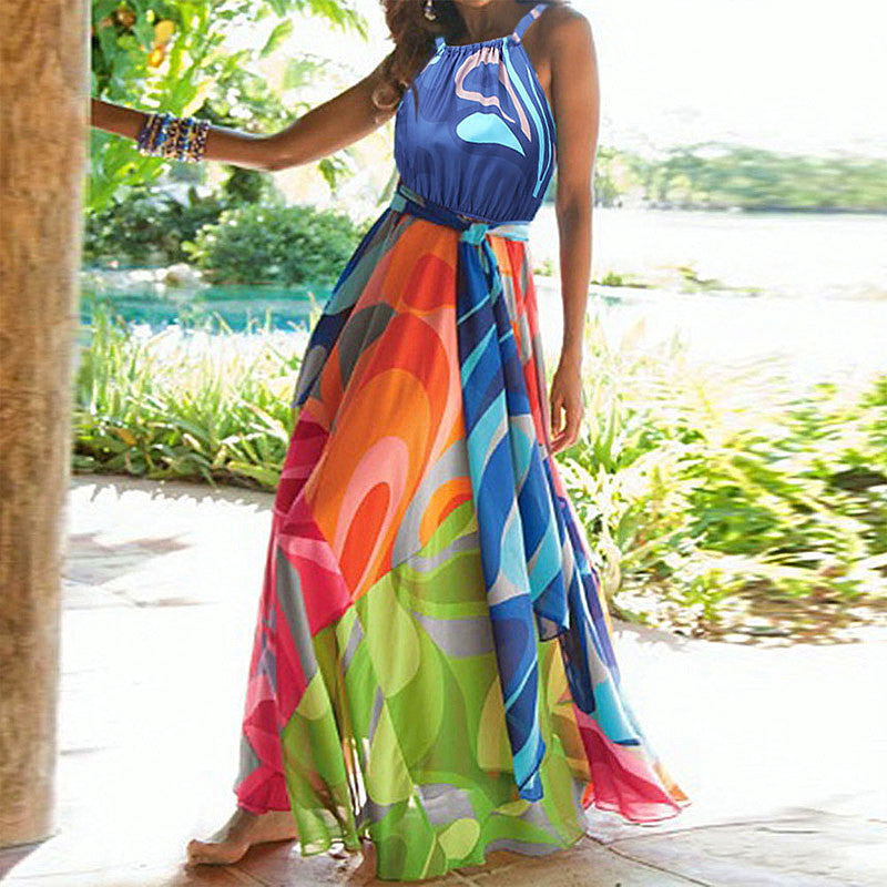Halterneck Sleeveless Geometric Print Lace-Up Wide Swing Dress Vacation Wholesale Maxi Dresses
