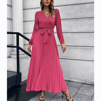 Long Sleeve V-Neck Pleated Swing Dress Wholesale Maxi Dresses