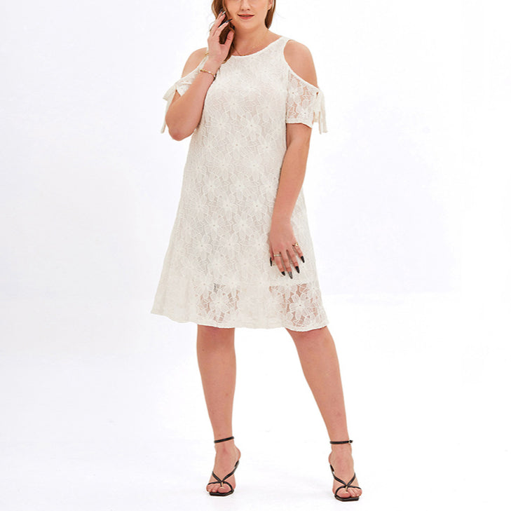 Elegant Off-Shoulder Lace Dress Short Sleeve Solid Color Wholesale Plus Size Clothing