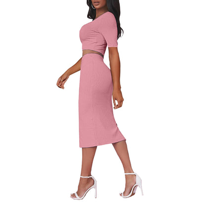 Short Sleeve Crop Tops & Slim Fit Slit Skirts Sexy Suits Wholesale Women'S 2 Piece Sets