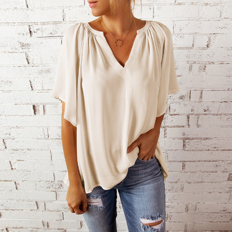 Solid Color Short Sleeve V Neck Casual Loose Wholesale Blouses Summer