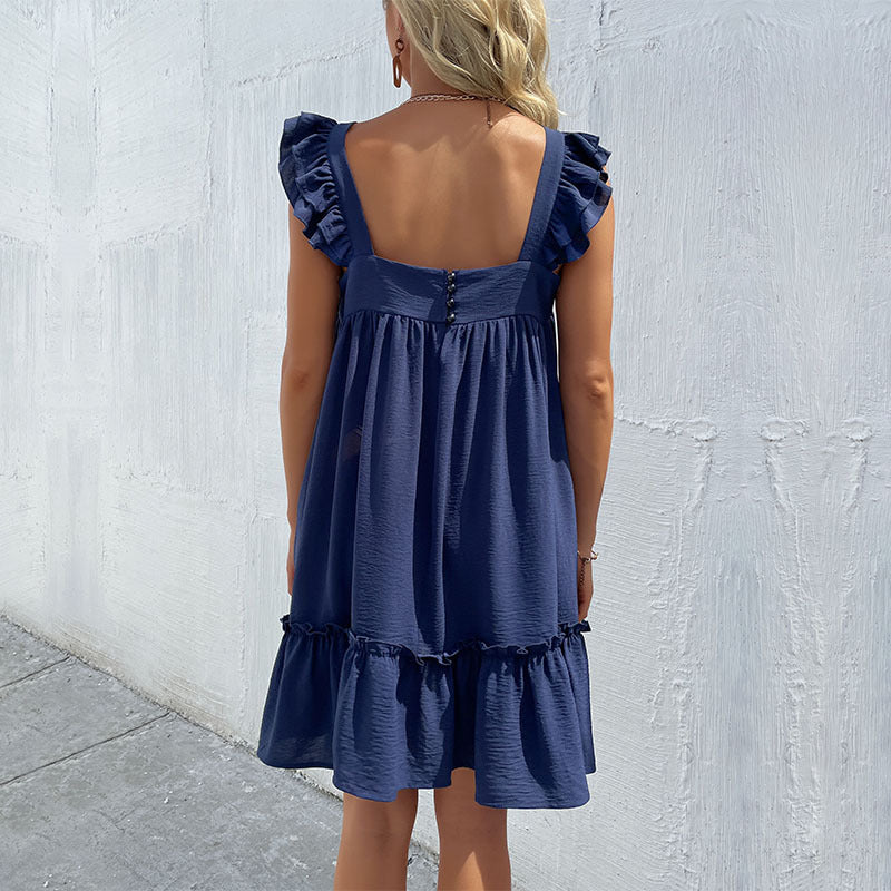 Solid Color Short Loose Sling Ruffled Dress Wholesale Dresses